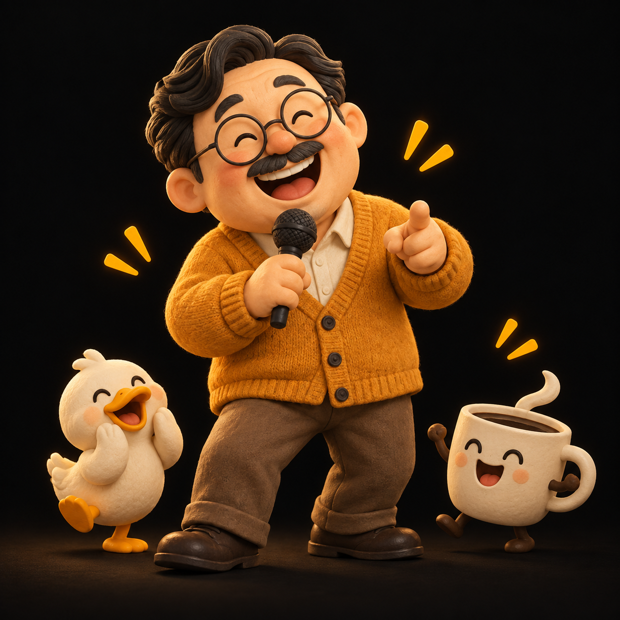 오리와 커피잔 옆에서 마이크를 들고 웃는 아재개그 연구소장
